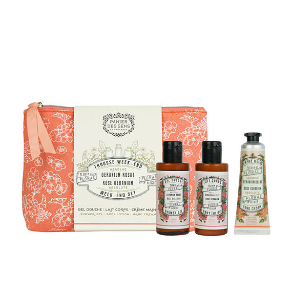 Panier des Sens Rose Géranium krém na ruce 30 ml + SG 70 ml + BL 70 ml + kosmetická taška W